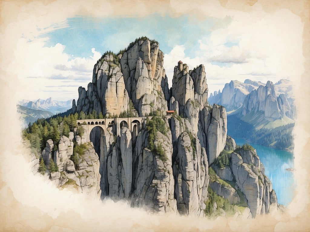 Auf dem Bild sind beeindruckende Felsformationen und eine Brücke zu sehen, die hoch oben auf einem Berg errichtet wurde. Dies erinnert an die sächsische Schweiz, ein wunderschönes Naturwunder in Deutschland, das für seine markanten Sandsteinfelsen und malerischen Landschaften bekannt ist. Die Szenerie zeigt eine Kombination aus grünen Wäldern und dramatischen Bergkuppen, die typisch für diese Region sind. Diese Landschaft zieht Naturliebhaber und Wanderer an, die die atemberaubende Aussicht genießen möchten.