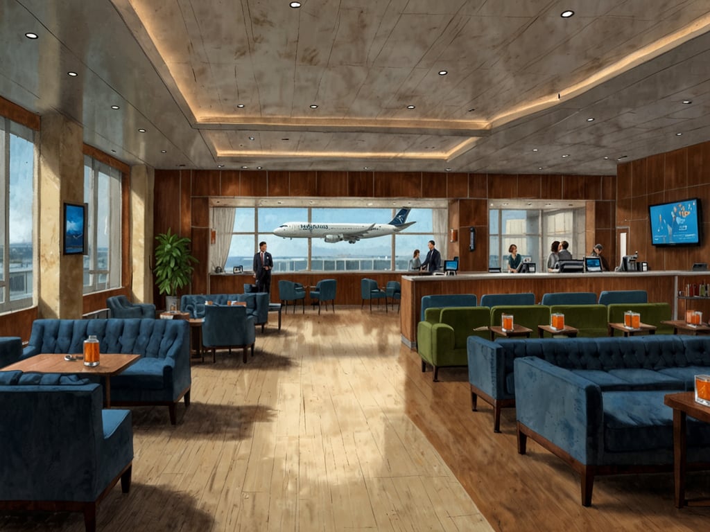 Auf dem Bild ist eine stilvolle Lounge zu sehen, die einladend und modern gestaltet ist. Große Fenster bieten einen Blick auf ein Flugzeug, das draußen am Horizont sichtbar ist. Die Innenausstattung besteht aus bequemen Sofas und Tischen, wo Gäste Getränke genießen können. Es scheint, als ob Mitarbeiter hinter einem Empfangstresen mit Gästen interagieren, was eine freundliche und serviceorientierte Atmosphäre schafft. Solche Lounges sind oft Teil der Star Alliance: Weltweit Führende Flugallianz 2024 und bieten Reisenden einen komfortablen Ort zum Entspannen vor ihrem Flug.