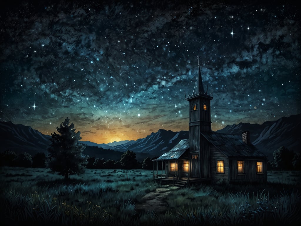 Auf dem Bild ist eine landschaftliche Szene bei Nacht zu sehen. Im Vordergrund steht ein altes Gebäude, das wie eine Kirche aussieht, mit beleuchteten Fenstern. Um das Gebäude herum erstreckt sich eine Wiese und es gibt einige Bäume. Im Hintergrund sind hohe Berge zu erkennen. Der Himmel ist mit einem wunderschönen Sternenhimmel geschmückt, voller funkelnder Sterne und Wolken, die den nächtlichen Himmel schmücken.