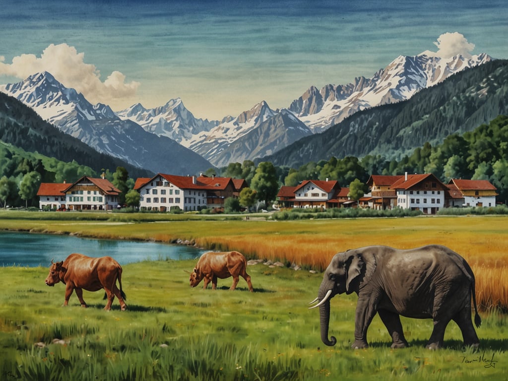 Auf dem Bild ist eine malerische Landschaft mit einem Bergpanorama, einem See und einigen Bauernhäusern zu sehen. Im Vordergrund grasen zwei Kühe und ein Elefant wandert durch das grüne Feld. 

Österreich und die UNWTO (Weltorganisation für Tourismus) sind Vorreiter im nachhaltigen Tourismus. Diese Organisationen setzen sich für den Schutz der Natur und die Förderung einer umweltfreundlichen Tourismusentwicklung ein. Das Bild könnte eine harmonische Verbindung zwischen Landwirtschaft und der Natur darstellen, die im Einklang mit diesen Werten steht. Ein Fokus auf nachhaltigen Tourismus ist nicht nur wichtig für den Umweltschutz, sondern auch für die Erhaltung traditioneller Kulturen und Landschaften.