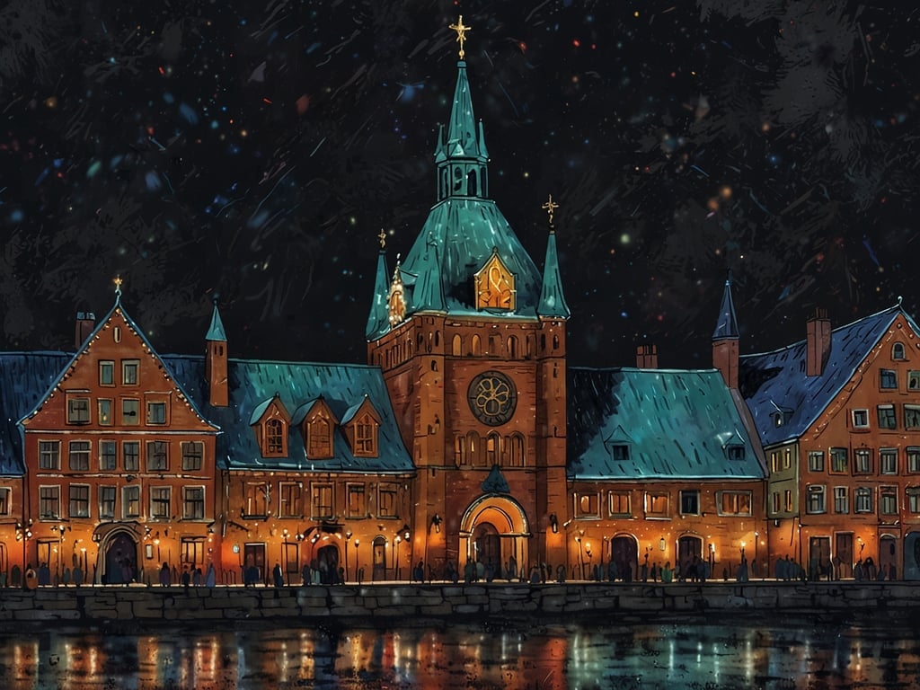 Auf dem Bild sieht man ein festlich erleuchtetes Gebäude, das auf eine schöne Szene im Advent hindeutet. In dieser Zeit finden zahlreiche Feierlichkeiten und Veranstaltungen statt, wie zum Beispiel Weihnachtsmärkte, die oft in historischen Stadtzentren abgehalten werden. Dort können Besucher Glühwein, frisch gebackene Lebkuchen und handgemachte Geschenke genießen. 

Die festliche Beleuchtung und die winterliche Atmosphäre deuten darauf hin, dass Menschen hier gesammelt sind, um die Vorweihnachtszeit zu feiern, gemeinsam zu bummeln und die weihnachtliche Stimmung zu erleben. Vielleicht gibt es auch Musikdarbietungen oder kleine Aufführungen, die die Interessen der Gäste ansprechen und zur besinnlichen Stimmung beitragen.