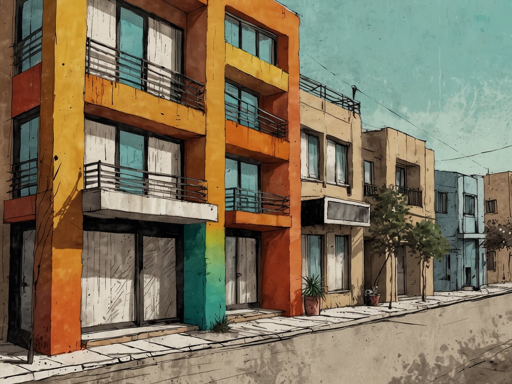 Auf dem Bild sind eine Reihe von modernen Gebäuden zu sehen, die in kräftigen Farben gestaltet sind. Die leuchtenden Fassaden in Gelb, Orange und Türkis verleihen der Szenerie einen frischen und einladenden Charakter. Die Architektur wirkt zeitgenössisch mit klaren Linien und großen Fenstern. Der Fußweg ist gepflastert und entlang der Straße stehen einige kleine Pflanzen in Töpfen, die dem urbanen Raum eine grüne Note verleihen. Es scheint eine ruhige, lebendige Nachbarschaft zu sein, die einen zeitgemäßen Lebensstil ausstrahlt – perfekt für kreative Köpfe und Entdecker, die eine inspirierende Atmosphäre suchen.