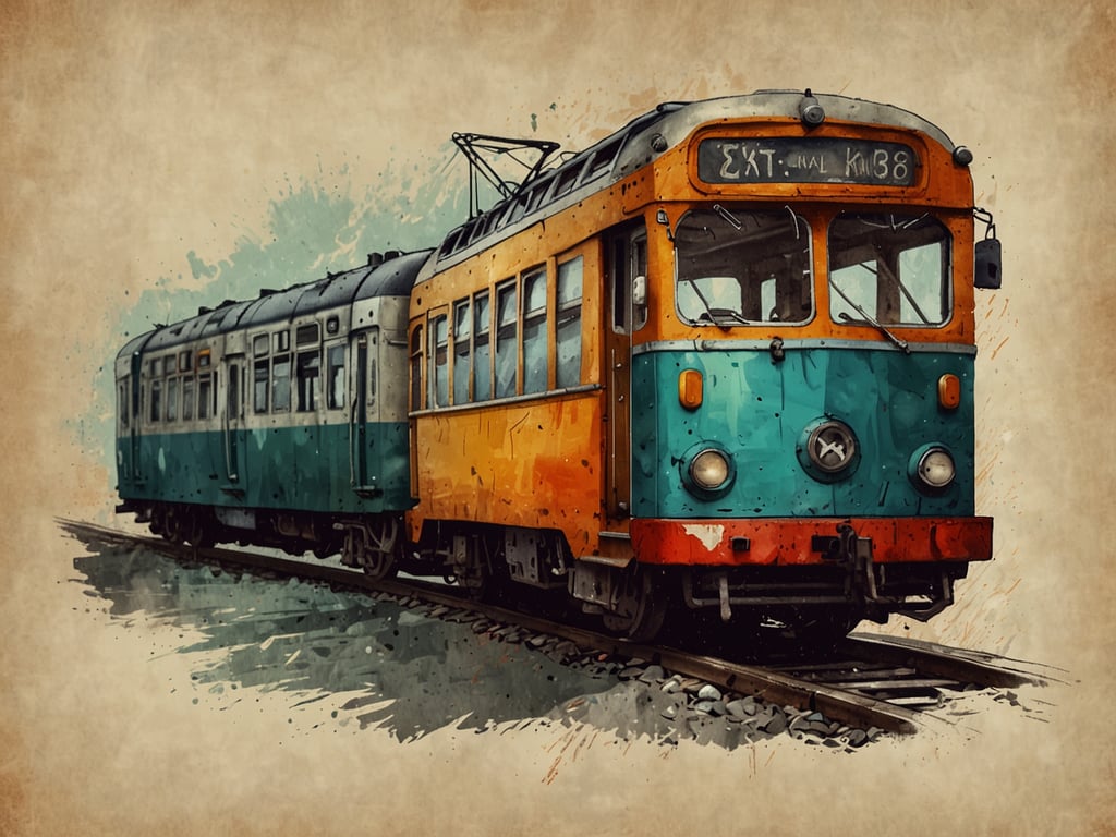 Auf dem Bild ist eine alte Straßenbahn oder ein Waggon zu sehen, der in einem künstlerischen Stil dargestellt ist. Die Farben sind predominantly orange und grün, und die Bahn steht auf Gleisen. Die Bildkomposition vermittelt eine nostalgische Stimmung. 

Falls man für eine Fahrt mit diesem Verkehrsmittel eine Stornogebühr in Betracht zieht, könnte diese je nach Anbieter und Zeitpunkt der Stornierung variieren.