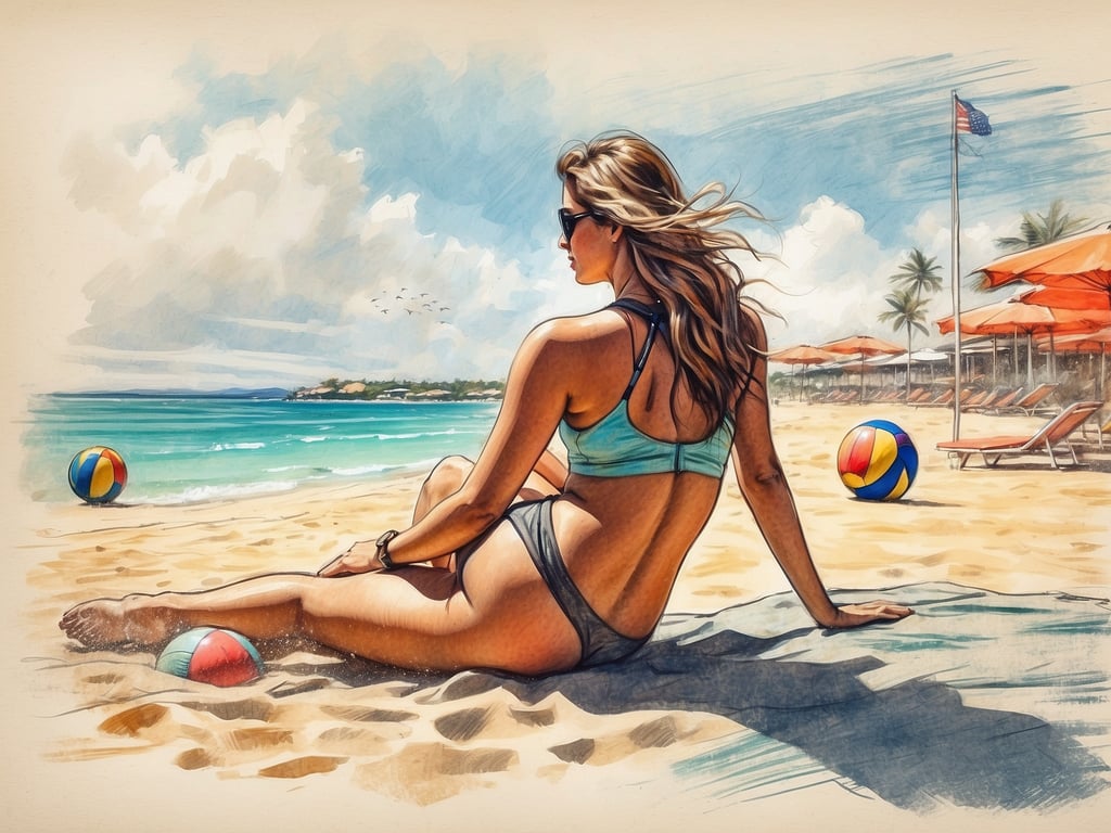 Auf dem Bild ist eine entspannte Szene am Strand zu sehen. Eine Person sitzt im Sand und genießt die Sonne. Um sie herum liegen bunte Strandbälle, die auf Aktivitäten wie Beachvolleyball oder einfaches Spielen hinweisen. Im Hintergrund sind Liegestühle und Sonnenschirme sichtbar, was auf eine angenehme Strandatmosphäre hindeutet. Der klare Himmel und das Meer tragen zur entspannten Stimmung bei.