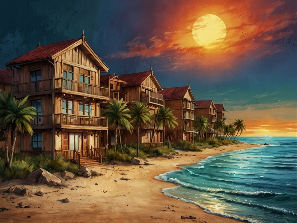 Auf dem Bild ist ein malerisches Strandhotel zu sehen, das direkt am Ufer liegt. Es besteht aus mehreren Holzgebäuden mit Balkonen, umgeben von Palmen. Der Sonnenuntergang im Hintergrund verleiht der Szene eine warme, einladende Atmosphäre. Die Wellen des Meeres plätschern sanft an den Strand, was das Bild zu einem perfekten Urlaubsbild macht.