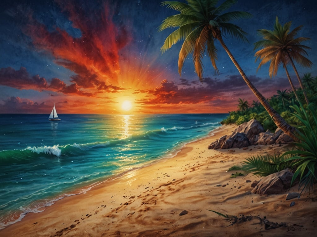 Auf dem Bild ist eine wunderschöne Strandlandschaft bei Sonnenuntergang zu sehen. Die sanften Wellen des Meeres spiegeln das Licht der untergehenden Sonne wider, während ein Segelboot in der Ferne fährt. Palmenschatten und grüne Pflanzen säumen den Strand, der aus feinem Sand besteht. Diese idyllische Szenerie vermittelt ein Gefühl von Entspannung und einem perfekten Strandurlaub.
