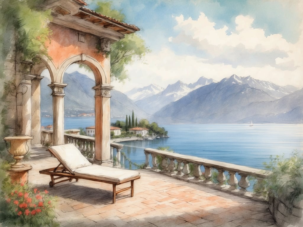 Auf dem Bild ist eine malerische Aussicht auf den Lago Maggiore zu sehen, umgeben von majestätischen Bergen. Im Vordergrund befindet sich eine Terrasse mit einem Liegestuhl, die zu einem entspannenden Aufenthalt einlädt. Die Architektur wirkt elegant und harmonisch in die Landschaft integriert, während die sanften Farben und das Licht eine Oase der Ruhe schaffen. Gelegentlich sind einige Häuser am Ufer des Sees zu erkennen, was das idyllische Ambiente unterstreicht.