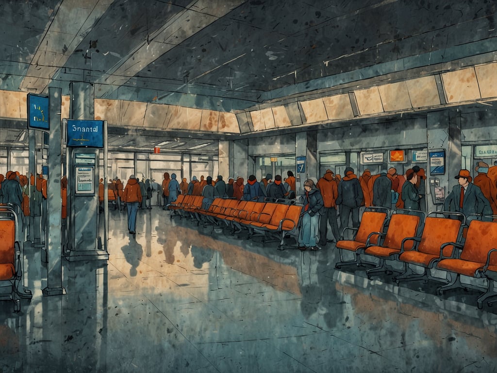 Auf dem Bild ist ein Flughafen-Wartebereich zu sehen, in dem viele Menschen in einer wartenden Schlange stehen. Es gibt orangefarbene Stühle, Informationsschilder und einen geschäftigen, aber etwas chaotischen Eindruck. 

### Streik am Flughafen: So schützt dich das Gesetz

Wenn es am Flughafen einen Streik gibt, schützen dich verschiedene gesetzliche Regelungen:

1. **Fluggastrechte**: Bei Flugausfällen oder Verspätungen hast du Anspruch auf Entschädigungen und Unterstützungsleistungen, je nach Situation.
   
2. **Information**: Airlines sind verpflichtet, dich über die aktuelle Lage zu informieren, insbesondere über Änderungen oder Störungen, die durch einen Streik verursacht werden.

3. **Umbuchung**: Du hast das Recht, deinen Flug kostenfrei umzubuchen oder stornieren zu lassen, falls der Flug durch den Streik betroffen ist.

Es ist wichtig, die aktuellen Regelungen zu deinem Flug und die Informationen deiner Airline zu beachten, um deine Rechte geltend zu machen.