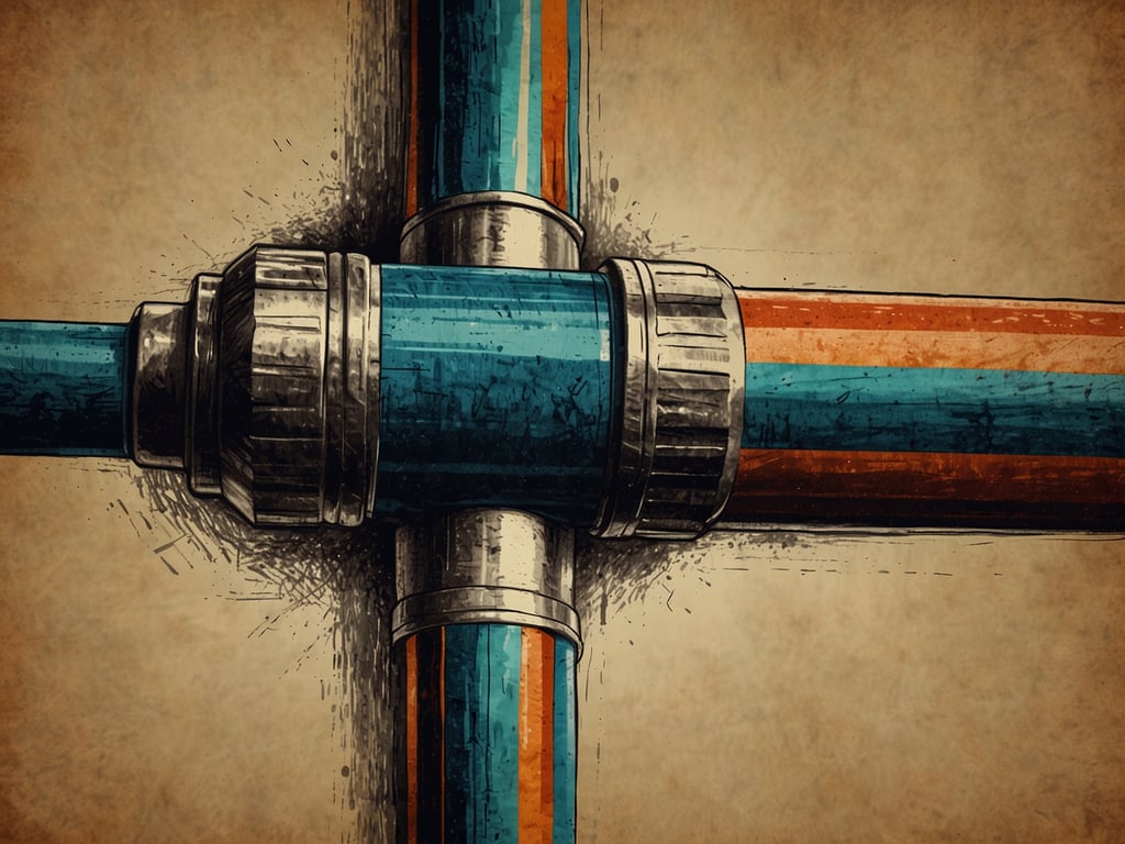 Auf dem Bild sind mehrere Rohre zu sehen, die an einem Verbindungspunkt zusammenlaufen. Die Rohre sind blau und orange und haben metallische Verbindungen. Das Bild ist in einem künstlerischen Stil gehalten und ähnelt einer Zeichnung. Es zeigt keine direkten Hinweise auf einen Stromanschluss, sondern eher auf ein Rohrsystem.