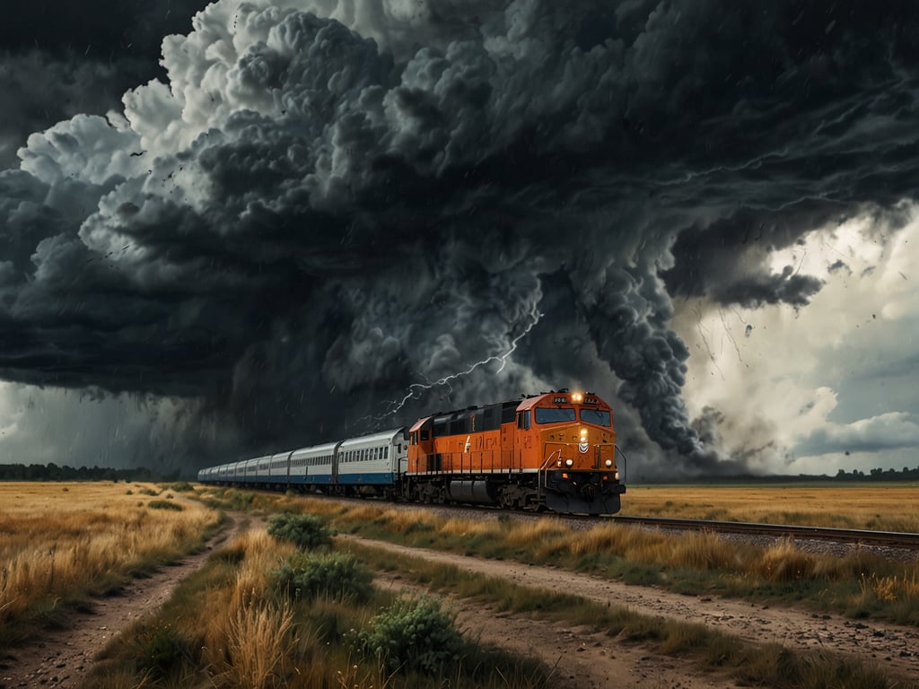 Auf dem Bild ist ein Zug zu sehen, der durch eine Landschaft fährt, während im Hintergrund bedrohliche, dunkle Wolken und ein Gewitter mit Blitz zu beobachten sind. Die Szene vermittelt eine angespannte Stimmung, die auf das Sturmtief Telse hinweist. Solche Wetterereignisse können zu Bahnchaos und gefährlichen Situationen führen. Um auf solche Wetterbedingungen vorbereitet zu sein, ist es wichtig, aktuelle Wetterberichte zu verfolgen und gegebenenfalls Reisen und Aktivitäten zu planen, um Risiken zu minimieren.