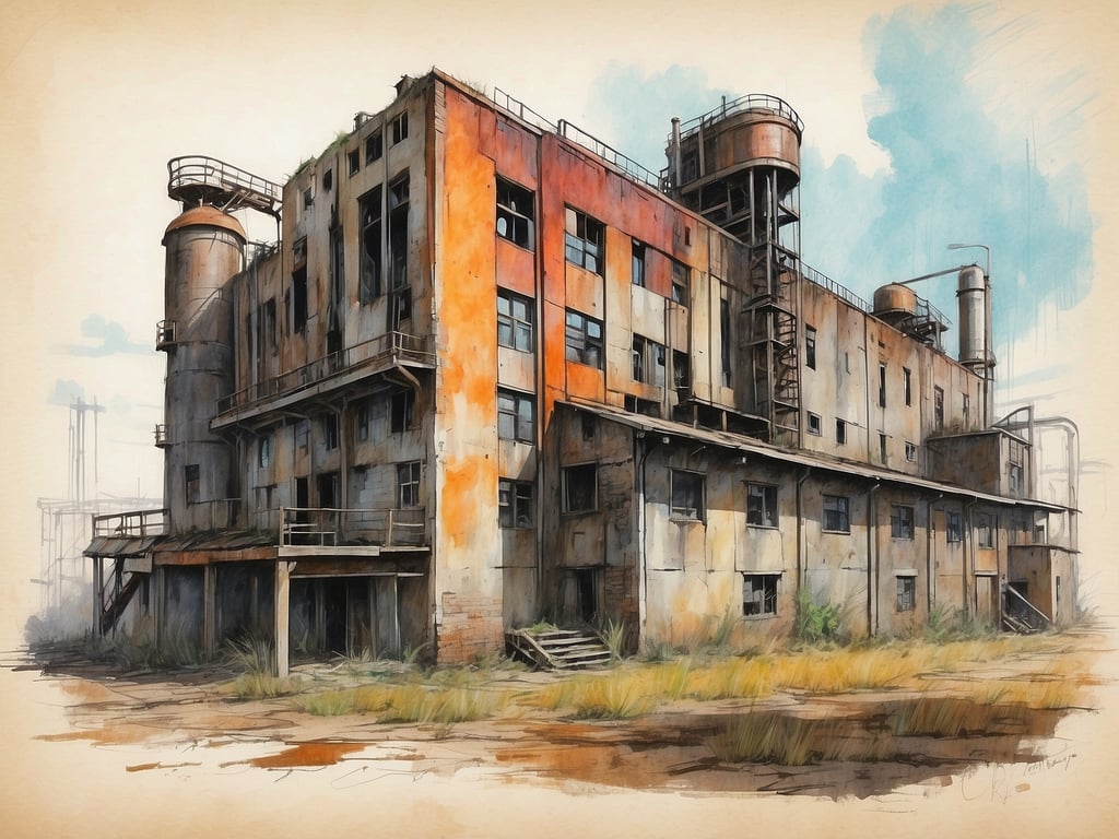 Auf dem Bild ist ein verlassener, rustikaler Industriekomplex zu sehen, der mit zerfallenen Wänden und rostigen Rohren geprägt ist. Diese Art von Gebäuden findet man häufig in den sogenannten 