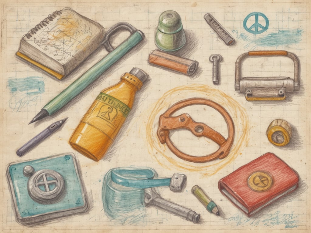 Auf dem Bild sind verschiedene Gegenstände zu sehen, die auf einem karierten Blatt angeordnet sind. Dazu gehören ein Notizbuch, ein Bleistift, eine Flasche mit einem auffälligen Etikett, Schrauben, eine Zange, ein Lineal, ein Kappenverschluss, und einige andere Werkzeuge sowie Zeichenutensilien. Die Gegenstände scheinen sowohl alltägliche als auch möglicherweise spezifischere Anwendungen zu haben.