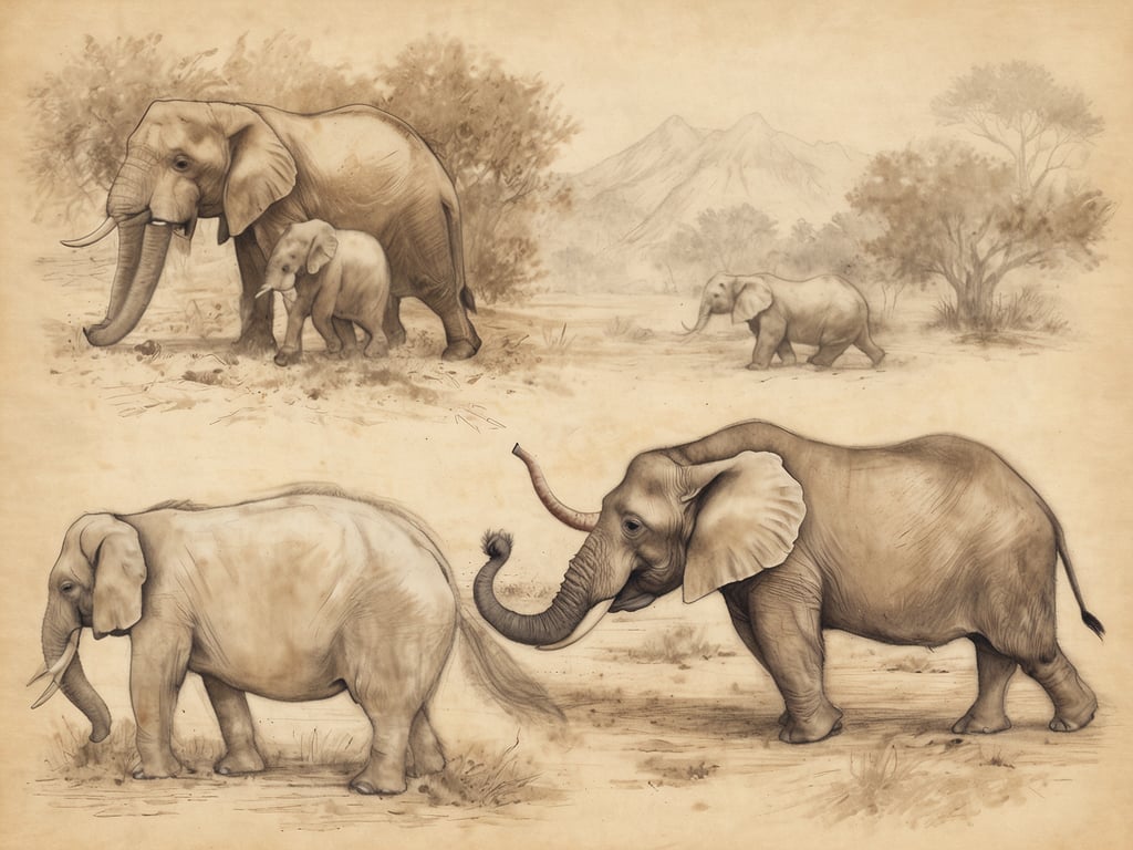 Auf dem Bild sind verschiedene Darstellungen von Elefanten zu sehen, darunter sowohl große als auch kleine Elefanten. Die Szenen scheinen in einer natürlichen Umgebung zu sein, die an die afrikanische Landschaft erinnert, mit Bäumen und Bergen im Hintergrund. Es gibt verschiedene Posen der Elefanten, die den Betrachter an die majestätische Tierwelt Südafrikas erinnern. 

Meine erste Reise nach Südafrika war ein unvergessliches Erlebnis, und diese Darstellung von Elefanten fängt die Schönheit und Vielfalt der Tierwelt, die ich dort sehen durfte, perfekt ein.