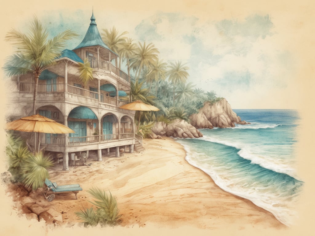 Auf dem Bild ist eine malerische Strandszene mit einem schönen, mehrstöckigen Haus zu sehen, das in tropischer Umgebung steht. Die Must-See Attraktionen, die man hier bemerken könnte, sind:

1. **Der Strand**: Der feine Sandstrand lädt zum Entspannen und Sonnenbaden ein.
2. **Die Palmen**: Die üppigen Palmen verleihen der Szenerie ein tropisches Flair.
3. **Das Haus**: Die Architektur des Hauses ist attraktiv und passt perfekt in die Küstenlandschaft.
4. **Die Wellen**: Das sanfte Rauschen der Wellen trägt zur entspannten Atmosphäre bei.

Diese Elemente machen diese Szenerie zu einem idealen Urlaubsort.