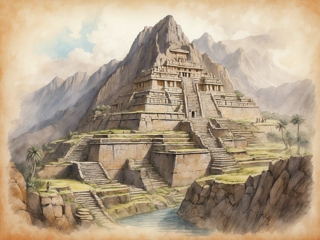 Auf dem Bild ist eine beeindruckende Architektur zu sehen, die an die Inka-Zivilisation erinnert. Es handelt sich um eine monumentale Stufenpyramide, umgeben von Bergen und üppiger Natur. Diese Kreationen sind charakteristisch für die Inka, die für ihre ausgeklügelte Bauweise bekannt waren.

Das Bauwerk könnte ein Tempel oder eine Nekropole darstellen und zeigt die präzise Steinmetzkunst der Inka. In der Umgebung sind Terrassen zu erkennen, die auf die landwirtschaftlichen Techniken der Inka hinweisen, um die steile Landschaft zu nutzen. Die Inkas hatten ein tiefes Verständnis ihrer Umwelt und integrierten ihre Architektur harmonisch in die Landschaft. 

Der Wasserlauf im Vordergrund zeigt auch die Bedeutung von Wasserressourcen in der Inka-Kultur, sowohl für die Landwirtschaft als auch für die Trinkwasserversorgung. All diese Elemente sind Teil des reichen kulturellen Erbes der Inka-Zivilisation und verdeutlichen ihre Rolle als eine der fortschrittlichsten Kulturen der präkolumbianischen Welt.