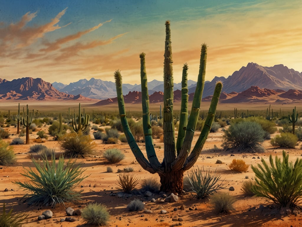 Auf dem Bild ist eine beeindruckende Wüstenlandschaft zu sehen, die durch eine Vielzahl von Pflanzen und Bergen geprägt ist. Im Vordergrund steht ein großer Kaktus, der typisch für viele Wüstenregionen ist. Um ihn herum wachsen verschiedene Gräser und Sträucher, die sich an die trockenen Bedingungen angepasst haben.

Die Wüste ist reich an Flora und Fauna, obwohl sie als karg angesehen wird. Die Pflanzen, wie verschiedene Kakteenarten und Sukkulenten, haben spezielle Anpassungen entwickelt, um Wasser zu speichern und in der Hitze zu überleben. Auch die Tierwelt ist vielfältig, mit Arten wie Wüstenfüchsen, Schlangen und verschiedenen Insekten, die sich oft in den kühleren Nachtstunden aktiv zeigen.

Die sanften Hügel im Hintergrund und die Berge verleihen der Landschaft Tiefe und zeigen die besondere Erhabenheit der Wüste. Insgesamt spiegelt das Bild die beeindruckende Vielfalt und Widerstandsfähigkeit von Leben in solch extremen Umgebungen wider.