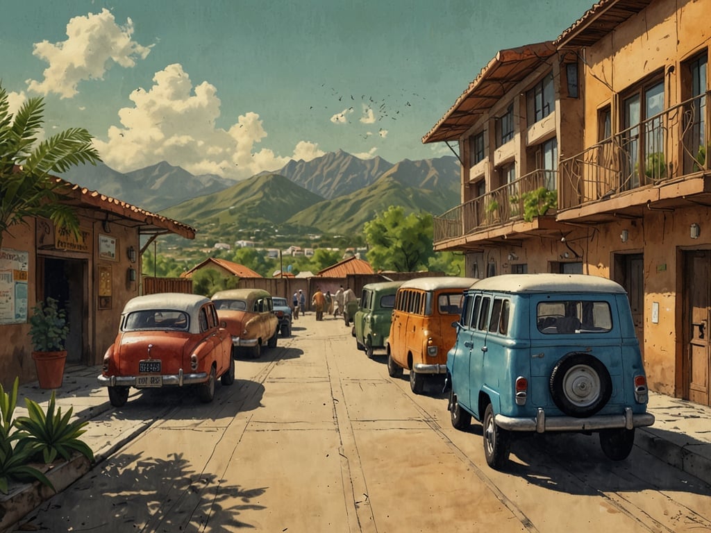 Auf dem Bild ist eine malerische Straße in einer kleinen Stadt zu sehen, gesäumt von traditionellen Gebäuden und alten Autos. Die Umgebung wird von sanften Hügeln und klaren blauen Himmel charakterisiert. 

**Reiseplanung: Anreise**

Für die Anreise zu diesem Ort könnten verschiedene Optionen in Betracht gezogen werden, wie beispielsweise Flüge zu einem nahegelegenen Flughafen, gefolgt von einem Mietwagen oder öffentlichen Verkehrsmitteln, um in die Stadt zu gelangen. Alternativ könnte auch eine Anreise mit dem eigenen Auto oder einem Camper in Betracht gezogen werden, falls die Umgebung gut befahrbar ist.

**Unterkunft**

In der Stadt selbst gibt es anscheinend verschiedene Übernachtungsmöglichkeiten, möglicherweise kleine Hotels oder Pensionen, die einen authentischen Einblick in die lokale Kultur bieten. Es lohnt sich, im Voraus zu buchen, um die ideale Unterkunft zu finden, die sowohl Komfort als auch die Möglichkeit bietet, die Umgebung zu erkunden.