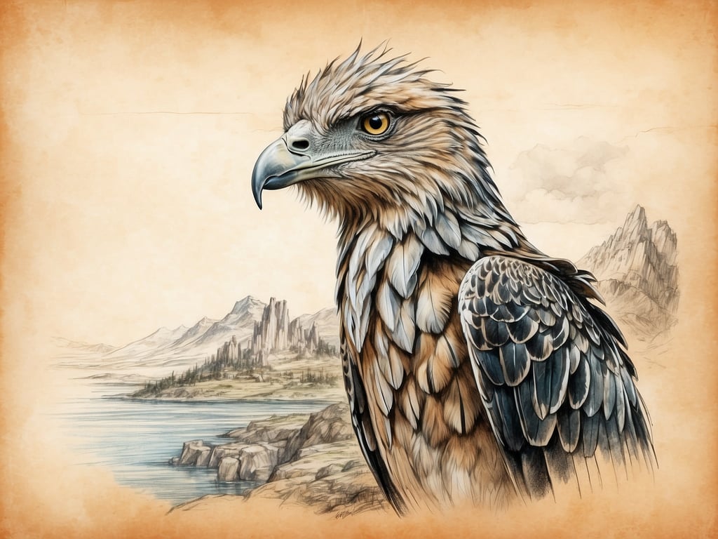Auf dem Bild ist ein kunstvoll gezeichneter Adler zu sehen, vor einer beeindruckenden Landschaft mit Bergen und einem Gewässer. 

Der Begriff 