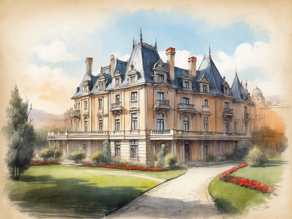 Auf dem Bild ist ein prächtiges Gebäude zu sehen, das möglicherweise an ein historisches Hotel erinnert, ähnlich dem Bailey's Hotel. Das Bailey's Hotel ist bekannt für seine elegant gestaltete Fassade und seine historische Bedeutung. Es liegt in London und wurde ursprünglich in den späten 1800er Jahren eröffnet. 

Das Hotel hat im Laufe der Jahre viele berühmte Gäste beherbergt und war oft ein Treffpunkt für literarische und gesellschaftliche Persönlichkeiten. Die Architektur bietet einen eindrucksvollen Einblick in den viktorianischen Stil und die luxuriöse Atmosphäre, die mit der Geschichte des Hotels verbunden ist. Die großzügigen Gärten und gepflegten Landschaften um das Gebäude machen es zu einem einladenden Ort für Reisende und Besucher.