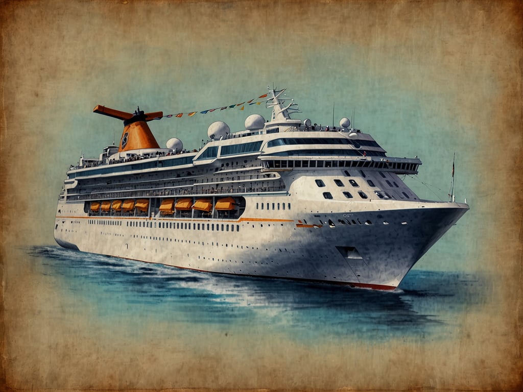 Auf dem Bild ist ein großes Kreuzfahrtschiff zu sehen, das majestätisch auf dem Wasser fährt. Es hat eine charakteristische Gestaltung mit einem hohen Schornstein, von dem eine orangefarbene Flagge weht. Die Kabinenfenster sind mit orangefarbenen Markisen ausgestattet, was einladend wirkt. Solche Schiffe bieten oft eine Vielzahl von Annehmlichkeiten, darunter Pools, Restaurants und Unterhaltungsmöglichkeiten, um den Passagieren ein entspannendes und unterhaltsames Erlebnis auf See zu bieten.