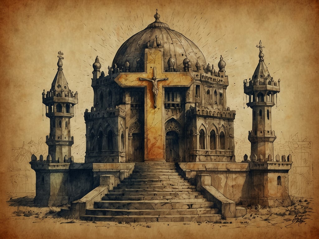 Auf dem Bild ist ein religiöses Gebäude zu sehen, das an eine Kirche oder ein spirituelles Zentrum erinnert. Die größte Auffälligkeit ist das große Kreuz an der Front, das symbolisch für den christlichen Glauben steht. Die Architektur ist beeindruckend, mit Türmen und Stufen, die für den Aufstieg zu spiritueller Erleuchtung oder zu Gott stehen könnten. Die Gesamtgestaltung vermittelt eine Atmosphäre der Ehrfurcht und der Hingabe, die in vielen Religionen als zentraler Aspekt betrachtet wird. Der historische und kunstvolle Stil könnte auch eine Verbindung zu religiöser Tradition und Spiritualität widerspiegeln.