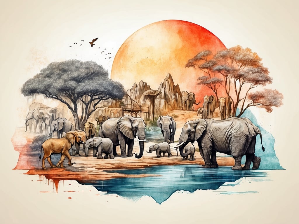 Auf dem Bild ist eine farbenfrohe Darstellung von verschiedenen Tierarten, insbesondere von Elefanten, die sich in einer naturnahen Umgebung befinden. Man sieht eine Gruppe von Elefanten, einschließlich eines jungen Elefanten, die in der Nähe eines Gewässers stehen. Im Hintergrund sind Bäume und Felsen zu erkennen, sowie ein Sonnenuntergang, der eine warme Atmosphäre schafft. Diese Vielfalt der Tierarten zeigt die majestätische Natur und das Zusammenleben der Tiere in ihrem Lebensraum.