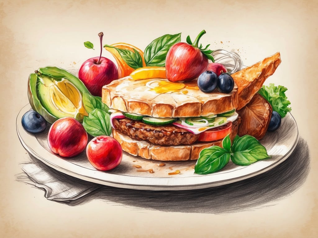 Auf dem Bild ist ein appetitliches Sandwich zu sehen, das aus zwei Scheiben Brot besteht. Es enthält eine saftige Fleischfüllung und ist mit frischem Gemüse wie Gurken, Tomaten und einer Scheibe Ei belegt. Neben dem Sandwich sind verschiedene frische Früchte angeordnet, darunter Äpfel, Blaubeeren und eine Avocado. Das gesamte Arrangement wird durch einige grüne Kräuter ergänzt, die dem Gericht eine frische Note verleihen. Es sieht nach einem ausgewogenen und leckeren Meal aus!