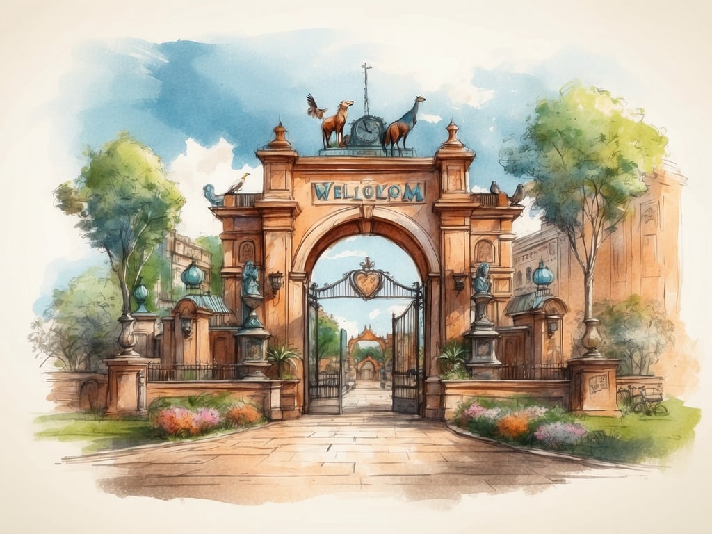 Auf dem Bild ist das Eingangstor eines Tierparks zu sehen. Es ist schön gestaltet mit der Aufschrift „WELLOM“ und dekorativen Elementen wie Statuen und Äffchen. Um das Tor herum wachsen Bäume und Blumen, die eine einladende Atmosphäre schaffen. Willkommen im Tierpark Wismar!