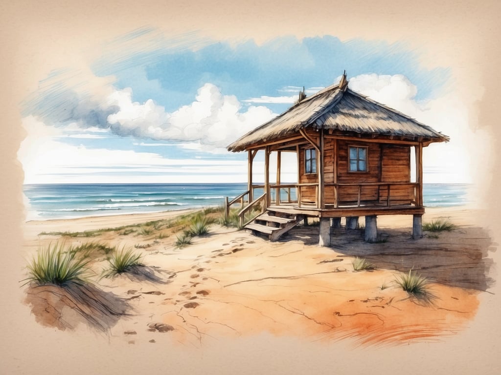 Auf dem Bild ist eine malerische Holzstrandhütte zu sehen, die direkt an einem schönen Sandstrand liegt. Die Hütte hat ein Dach aus Schilfrohr und steht auf Stelzen, was typisch für Strandhäuser ist. Im Hintergrund erstreckt sich der Ozean mit sanften Wellen und der Himmel ist mit einigen Wolken geschmückt. 

Attraktionen und Aktivitäten, die man hier genießen könnte, sind:

- **Sonnenbaden**: Der breite Sandstrand lädt zum Entspannen und Sonnenbaden ein.
- **Schwimmen**: Das klare Wasser eignet sich hervorragend für ein erfrischendes Bad.
- **Spaziergänge**: Die Fußspuren im Sand deuten darauf hin, dass Spaziergänge entlang der Küste beliebt sind.
- **Angeln**: In der Nähe könnte es Möglichkeiten für Angeltouren geben, entweder vom Ufer aus oder mit einem Boot.
- **Picknicks**: Die ruhige Umgebung bietet einen idealen Ort für ein Picknick mit Familie oder Freunden.

Insgesamt vermittelt das Bild eine entspannte Urlaubsatmosphäre.