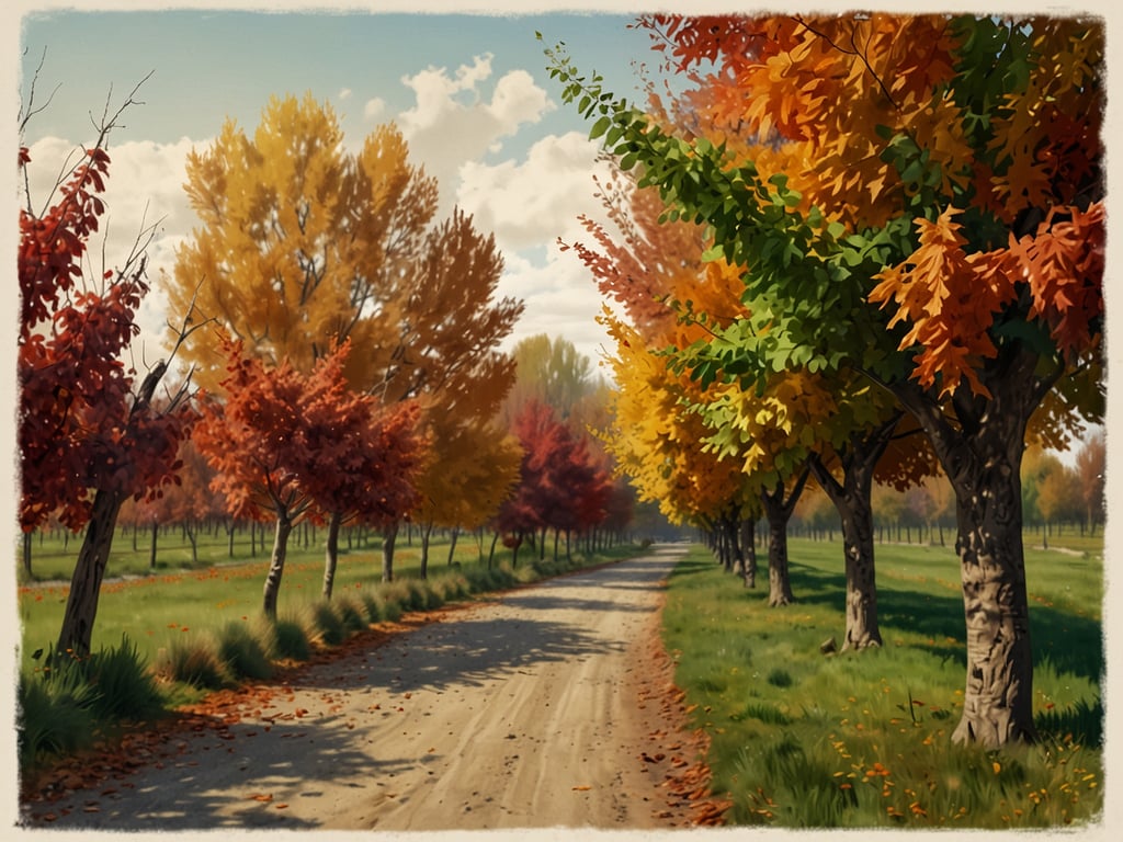 Auf dem Bild sind eine malerische Allee mit Bäumen zu sehen, deren Blätter in leuchtenden Herbstfarben wie Rot, Orange und Gelb leuchten. Ein geschotterter Weg führt durch diese Szenerie, umgeben von saftigem Grün und fallenden Blättern.

Diese Art von herbstlicher Landschaft erinnert an europäische Herbst-Hotspots wie das Val d'Orcia in der Toskana, Italien, wo die sanften Hügel und bunten Wälder atemberaubende Ausblicke bieten, oder die Weinregionen in der Mosel, Deutschland, wo die Weinreben im Herbst ebenfalls spektakuläre Farben zeigen. Solche Szenen sind ideal für entspannte Spaziergänge und das Genießen der Natur im Herbst.