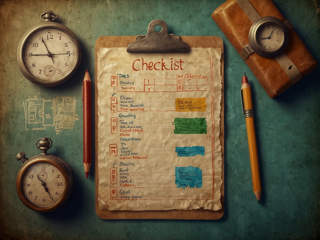 Auf dem Bild ist eine Checkliste auf einem Clipboard zu sehen, umgeben von verschiedenen Uhren und Schreibmaterialien. Die Checkliste enthält verschiedene Kategorien wie 