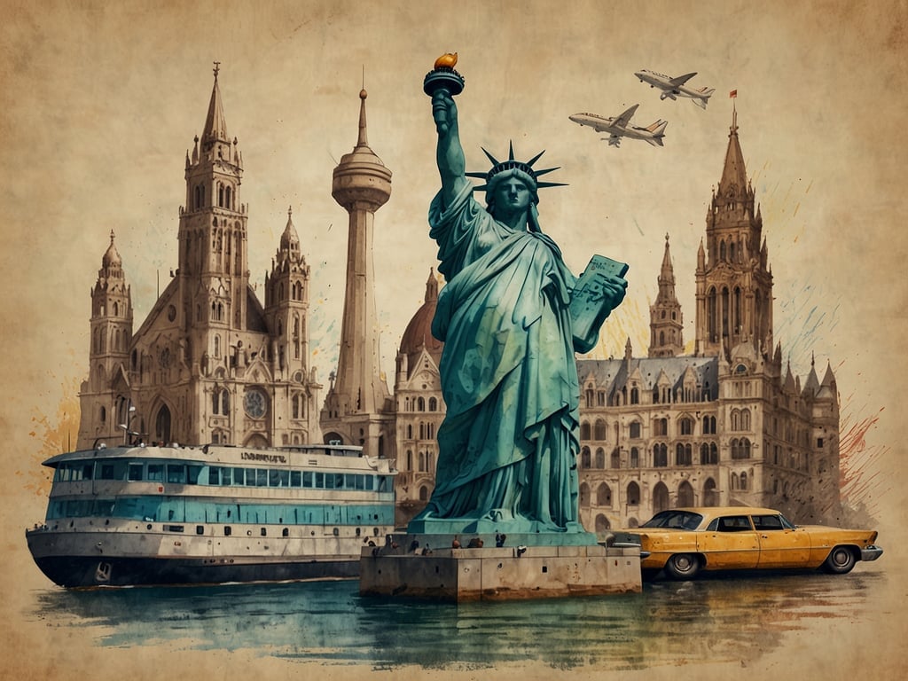Auf dem Bild sind ikonische Wahrzeichen aus verschiedenen Städten zu sehen, die den Tourismus symbolisieren. Im Vordergrund sehen wir die Freiheitsstatue, ein berühmtes Symbol von New York und ein beliebtes Touristenziel. Im Hintergrund sind beeindruckende architektonische Gebäude zu erkennen, die möglicherweise für eine europäische Stadt wie Wien stehen. Die Boote und Flugzeuge deuten zusätzlich auf Fortbewegungsmittel hin, die im Tourismus wichtig sind. Insgesamt vermittelt das Bild eine lebendige Mischung aus verschiedenen Kulturen und Sehenswürdigkeiten, die Reisende anziehen.