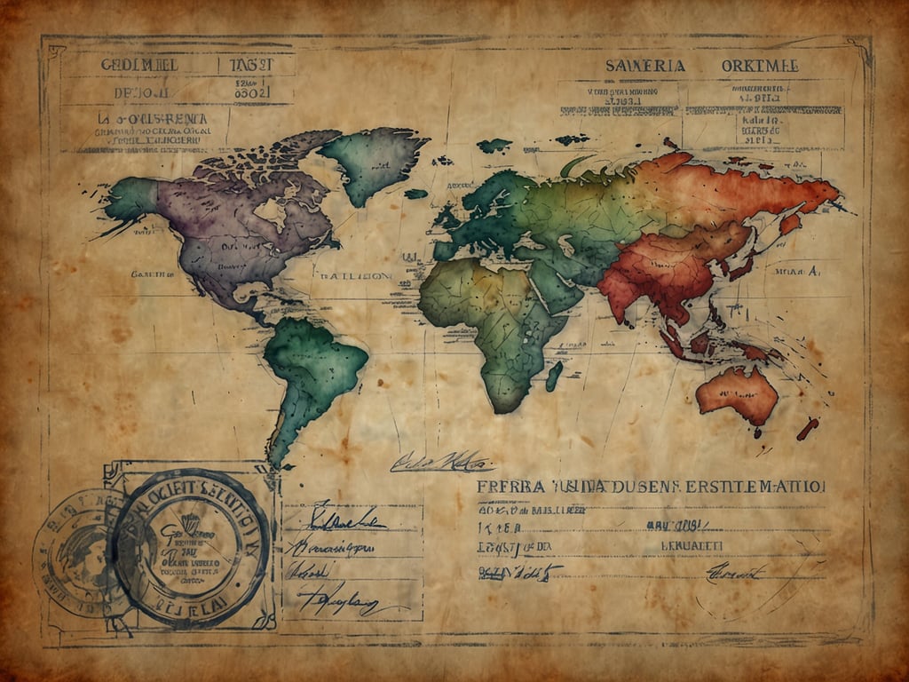 Auf dem Bild ist eine antik aussehende Weltkarte zu sehen. Die Karte ist farbig gestaltet und zeigt verschiedene geografische Regionen der Welt. Sie enthält zudem Elemente, die an ein Touristenvisum erinnern, wie handschriftliche Notizen und Stempel, die typischerweise auf Reise- oder Visumdokumenten zu finden sind. Insgesamt vermittelt das Bild einen nostalgischen und historischen Eindruck, als ob es Teil eines alten Reisedokuments wäre.