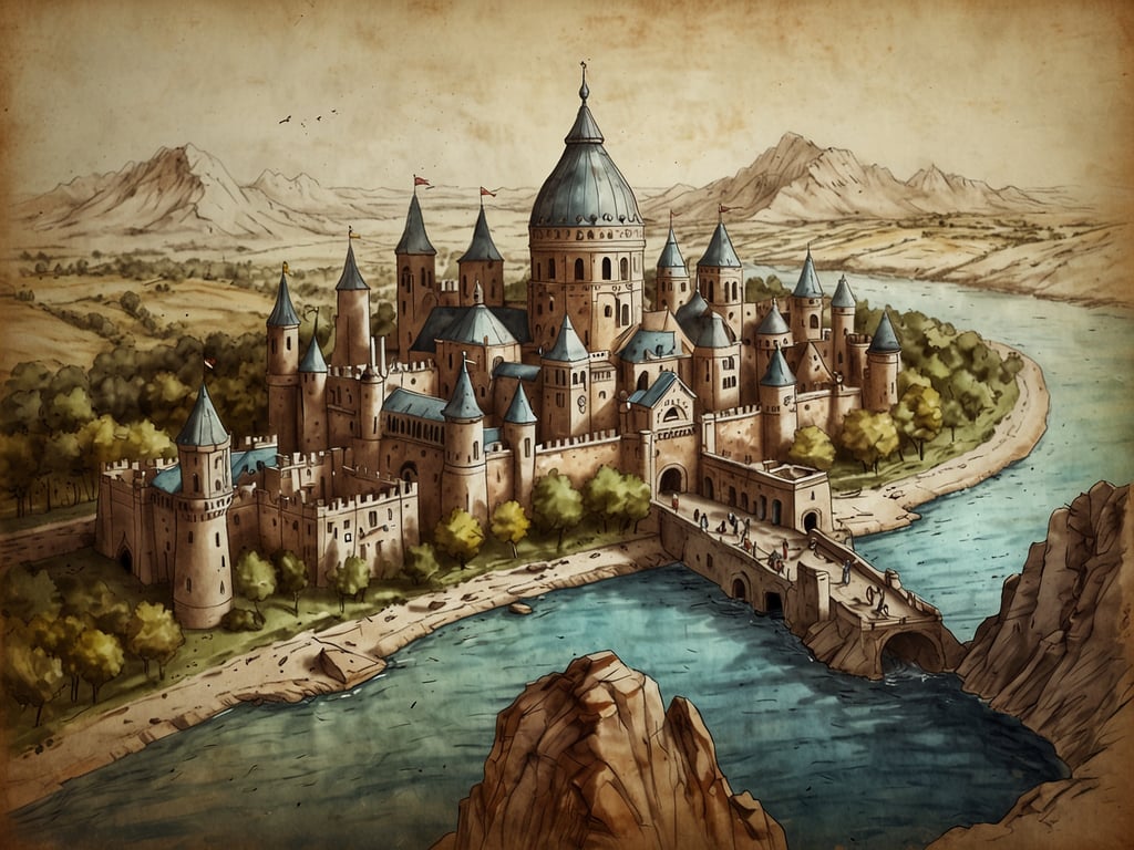 Auf dem Bild ist eine beeindruckende, fiktive Burg oder ein Schloss zu sehen, das von einer malerischen Landschaft umgeben ist. Die Burg hat viele Türme mit spitzen Dächern und ist teilweise von Wasser umgeben. Es gibt einen Fluss, der neben der Burg fließt, sowie eine Brücke, über die einige Personen gehen. Im Hintergrund sind Berge und grüne Hügel zu sehen, die das Bild idyllisch abrunden. Der Stil des Bildes erinnert an alte Illustrationen oder Gemälde.