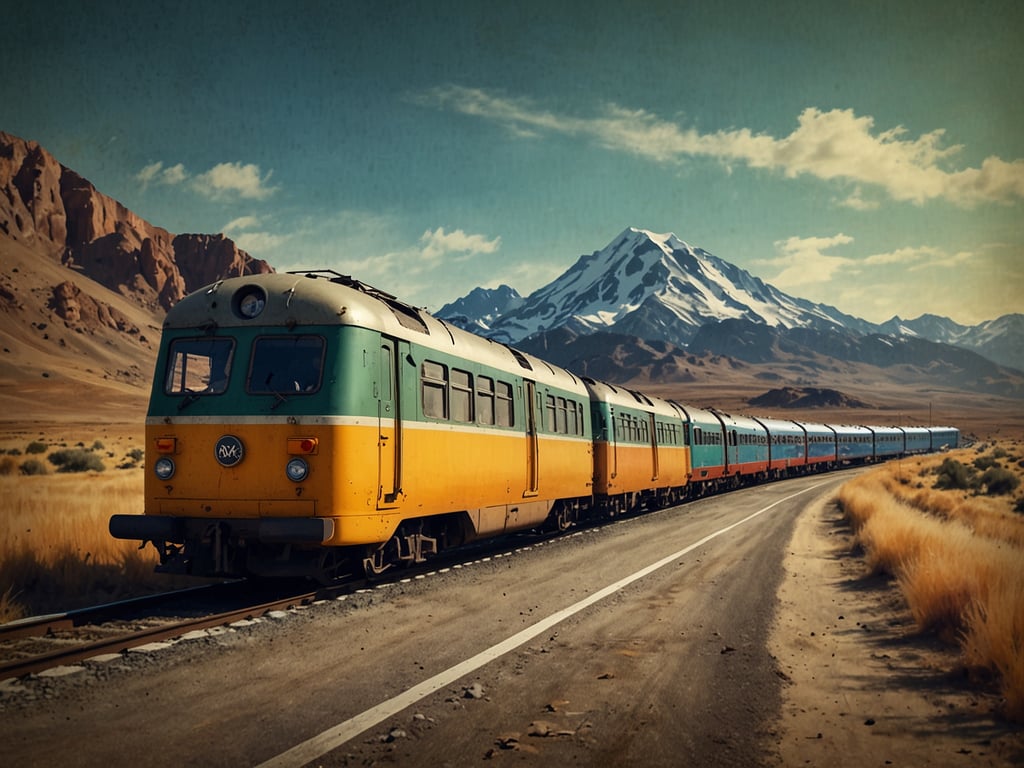 Auf dem Bild ist ein farbenfroher Zug zu sehen, der auf einer Schiene fährt. Die Zuglokomotive hat eine grüne und orangefarbene Farbgebung. Im Hintergrund erheben sich majestätische Berge mit schneebedeckten Gipfeln, während die Landschaft um den Zug herum trocken und staubig erscheint. Die Szenerie vermittelt eine ruhige, abgelegene Atmosphäre in einer beeindruckenden natürlichen Umgebung.