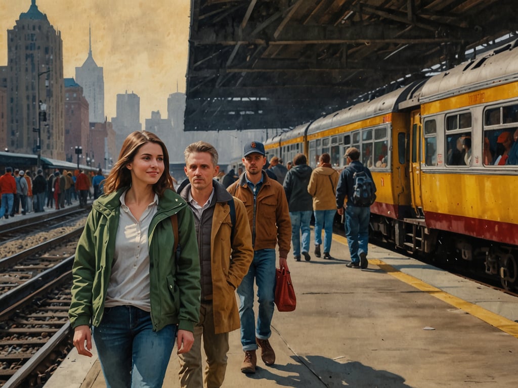 Auf dem Bild ist ein Transitbereich zu sehen, wahrscheinlich ein Bahnhof oder eine Station. In der Szene gehen mehrere Menschen auf dem Bahnsteig entlang, während ein gelber Zug in der Nähe steht. Die Architektur der Umgebung und die Menschen vermitteln einen urbanen, geschäftigen Eindruck, typisch für ein Verkehrsknotenpunkt. Es gibt auch einige Hochhäuser im Hintergrund, die die städtische Atmosphäre unterstreichen.
