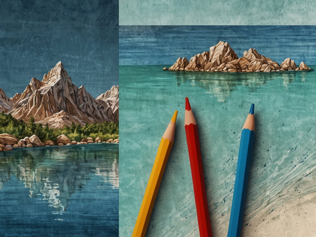 Auf dem Bild sind zwei Szenen zu sehen. Links sieht man eine Berglandschaft mit schroffen Bergen und einem stillen See, der das klare Wasser widerspiegelt. Rechts sind drei Buntstifte in den Farben Gelb, Rot und Blau abgebildet, die vor einer sanften Wasseroberfläche liegen, die ein helles Türkis zeigt. Diese Darstellung könnte als Symbol für Kreativität und Natur interpretiert werden.
