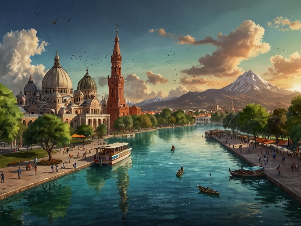 Auf dem Bild ist eine malerische Landschaft mit einem ruhigen Gewässer zu sehen, umgeben von Bäumen und Gebäuden mit historischen Architekturmerkmalen. Im Hintergrund erhebt sich ein majestätischer Berg, der von Wolken umgeben ist. Es gibt Boote auf dem Wasser sowie Menschen, die am Ufer spazieren gehen und die Umgebung genießen. 

Basierend auf den Top-Reiseziele von Tripadvisor für 2025 könnte dieses Bild eine künstlerische Darstellung eines charmanten Reiseziels wie Venedig oder eine andere europäische Stadt sein, die für ihre beeindruckende Architektur und natürliche Schönheit bekannt ist. Es vermittelt eine friedliche Atmosphäre und lädt zu Erkundungen ein.