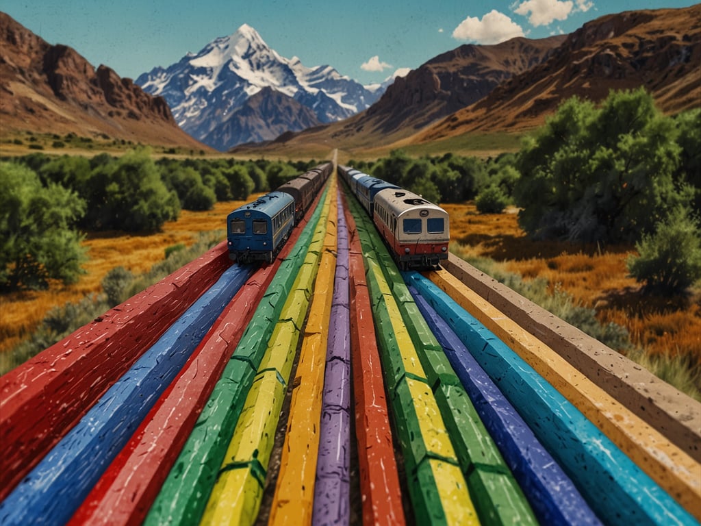 Auf dem Bild sind zwei Züge zu sehen, die auf bunten Gleisen fahren. Die Gleise sind in verschiedenen Farben gestaltet, und im Hintergrund erheben sich beeindruckende Berge. Die Landschaft wirkt lebendig und malerisch. 

Wenn du auf der Suche nach epischen Reiseabenteuern bist, schau dir TruTravels an: Bis zu 40% Rabatt auf deine nächsten Abenteuer!