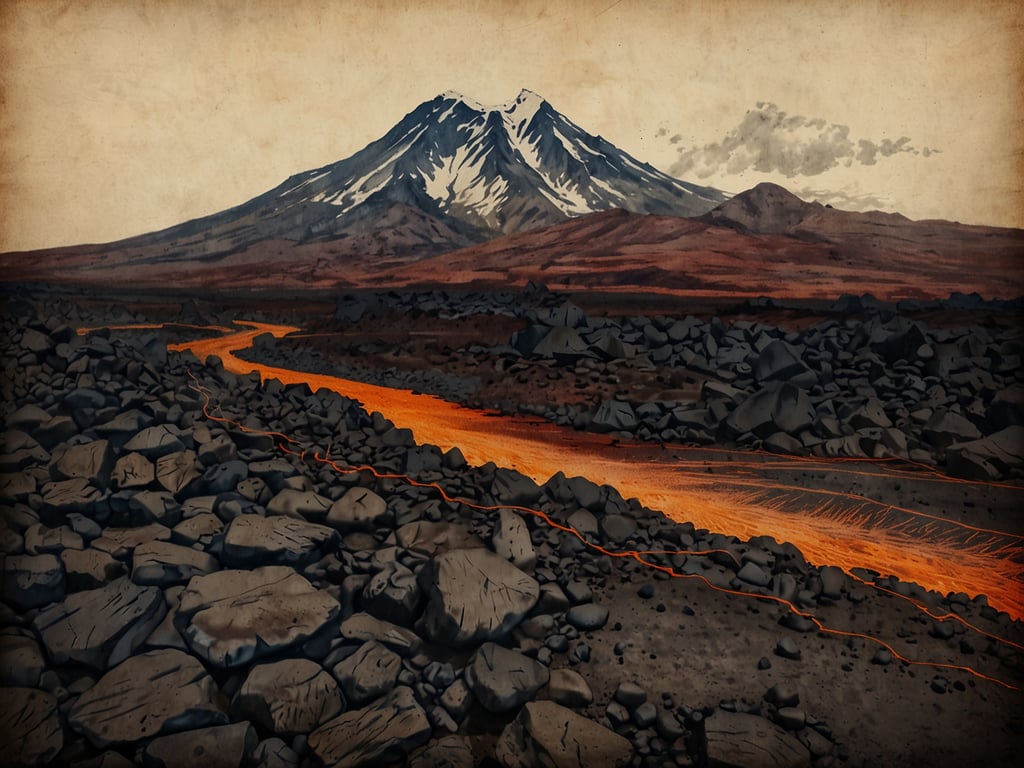 Auf dem Bild ist eine beeindruckende Darstellung des Tungurahua-Vulkans zu sehen. Der Vulkan erhebt sich majestätisch im Hintergrund, während einer glühenden Lavafluss sich durch eine mit Steinen bedeckte Landschaft schlängelt. Die kräftigen Farben und die dramatische Szenerie fangen die Faszination und Kraft der vulkanischen Aktivität ein, die für diese Region charakteristisch ist. Das Bild vermittelt eine Mischung aus Schönheit und Gefahr, die den Tungurahua zu einem faszinierenden Naturphänomen macht.