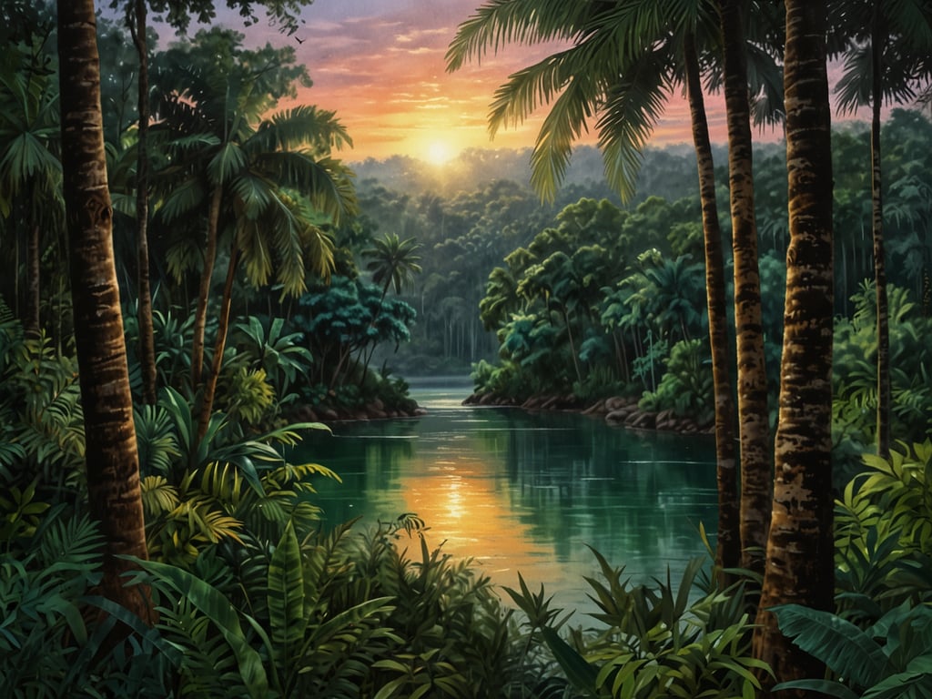 Auf dem Bild ist eine atemberaubende Landschaft zu sehen, die von der beeindruckenden Natur Ugandas inspiriert ist. Im Vordergrund ragen majestätische Palmen und üppiges Grün empor, während der ruhige Wasserlauf sanft die Farben des Sonnenuntergangs reflektiert. Die sanften Farbtöne des Himmels und die dichte Vegetation schaffen eine friedliche und malerische Atmosphäre, die die natürliche Schönheit Ugandas perfekt einfängt.