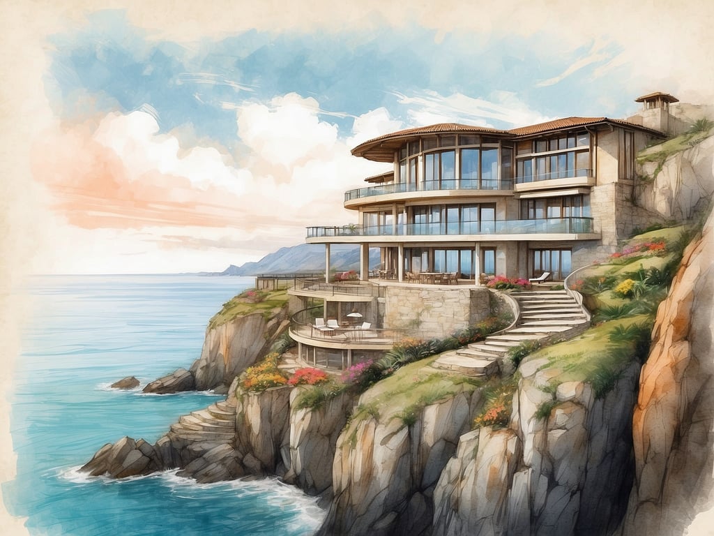 Auf dem Bild ist eine beeindruckende Architektur abgebildet, die in eine Küstenlandschaft integriert ist. Es handelt sich um ein modernes Resort, das stilvoll auf einer Klippe gebaut ist und einen herrlichen Blick auf das Meer bietet. Die Glasfronten lassen viel Licht hinein und bieten den Gästen atemberaubende Ausblicke.

Im Kontext des Uluwatu Resorts lässt sich sagen, dass es bekannt für seine luxuriöse Lage an der Küste von Bali ist. Das Resort bietet exklusive Unterkünfte, erstklassige Annehmlichkeiten und Zugang zu traumhaften Stränden. Gäste können in einem hervorragenden Ambiente entspannen und gleichzeitig die natürliche Schönheit der Umgebung genießen. Uluwatu ist auch für seine spektakulären Sonnenuntergänge und kulturellen Sehenswürdigkeiten berühmt, wie den Uluwatu-Tempel.