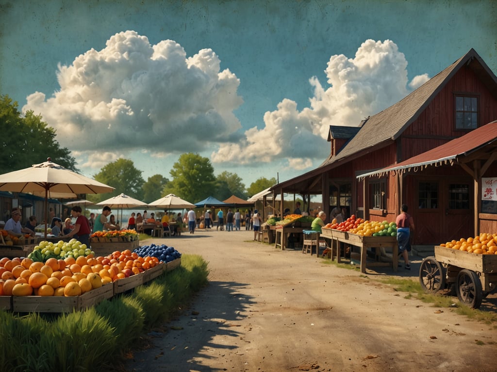 Auf dem Bild ist ein einladender Bauernmarkt in Waging am See zu sehen. Verschiedene Obstsorten sind in Holzkisten ausgestellt, darunter Orangen, Äpfel und andere Früchte. Die Stände sind von Sonnenschirmen geschützt, und es sind viele Menschen unterwegs, die einkaufen und sich unterhalten. Im Hintergrund sind grüne Bäume und ein klarer Himmel mit beeindruckenden Wolken zu sehen, was eine angenehme Atmosphäre schafft.