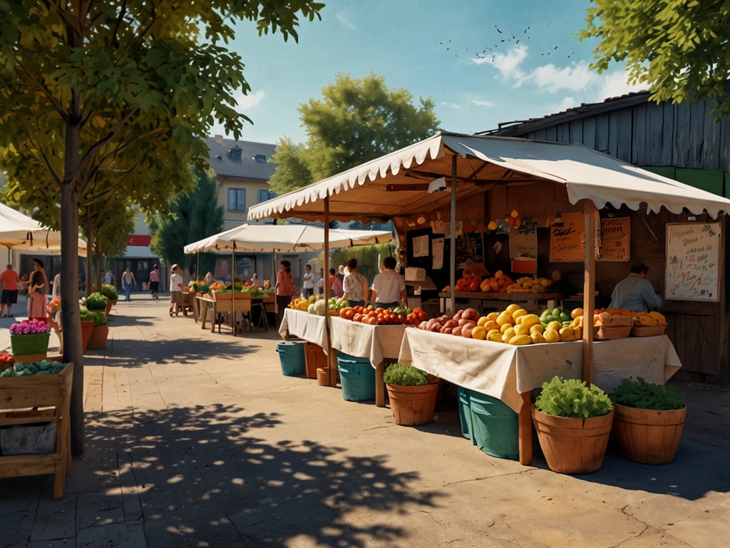 Auf dem Bild ist ein Bauernmarkt zu sehen, der zur Irisblüte in Grabenstätt stattfindet. Es gibt verschiedene Stände mit frischem Obst und Gemüse, umgeben von Bäumen, die Schatten spenden. Die Stimmung sieht einladend und lebhaft aus, mit mehreren Besuchern, die den Markt erkunden. Die Stände sind bunt dekoriert und präsentieren eine Vielzahl von Produkten, was typisch für einen regionalen Markt ist.