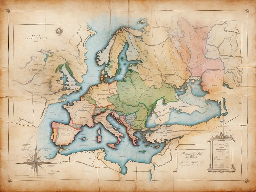 Auf dem Bild ist eine altkarte von Europa zu sehen. Die Karte zeigt verschiedene Länder und Regionen, die durch unterschiedliche Farben und Linien hervorgehoben sind. Diese Art von Karte könnte für die Vorbereitung eines Roadtrips nützlich sein, um die geographische Lage der Länder zu verstehen, mögliche Routen zu planen und interessante Reiseziele zu identifizieren. Außerdem könnte sie als historischer Bezug dienen, falls die Reise durch geschichtsträchtige Gebiete führen soll.