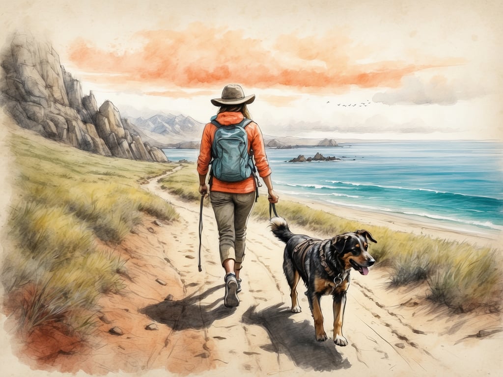 Auf dem Bild ist eine Person zu sehen, die einen Hund an der Leine führt. Sie gehen auf einem malerischen Weg entlang der Küste, umgeben von Bergen und einem schönen Meer. Diese Szene vermittelt das Gefühl von Entspannung und Abenteuer. Aktivitäten, die hier stattfinden könnten, sind Wandern, Erkunden der Natur und gemeinsame Ausflüge mit dem Hund, was für beide, Mensch und Tier, eine tolle Möglichkeit ist, Zeit im Freien zu verbringen und sich zu bewegen.