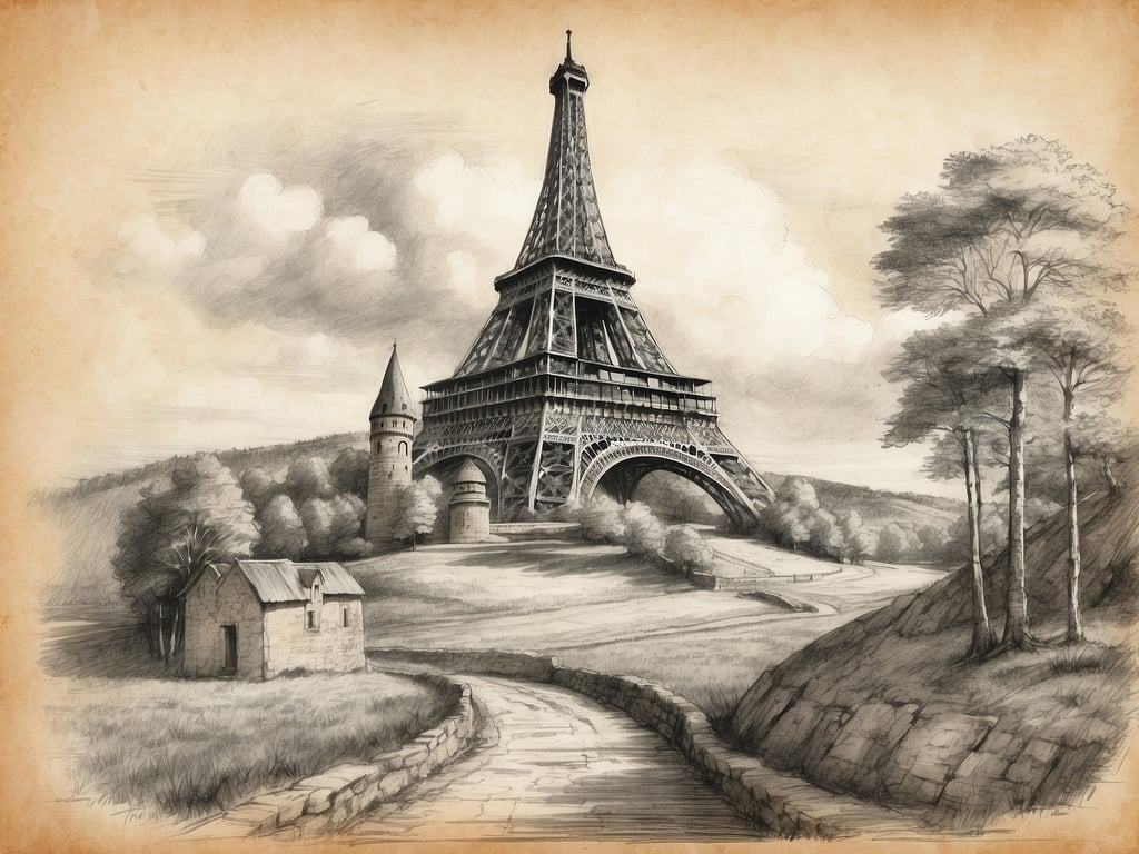 Auf dem Bild ist eine künstlerische Darstellung des Eiffelturms zu sehen, umgeben von einer malerischen Landschaft. Es gibt eine kurvenreiche Straße, die zum Turm führt, und einige kleine Gebäude sowie Bäume im Vordergrund. Die Szenerie scheint eine Mischung aus Natur und architektonischen Elementen zu sein, die eine nostalgische Stimmung erzeugt. Diese Komposition könnte gut in einem Kontext wie 
