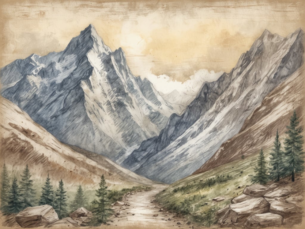 Auf dem Bild sind majestätische Berge zu sehen, umgeben von einer malerischen Landschaft. Die schroffen Gipfel, die teilweise mit Schnee bedeckt sind, erheben sich über ein Tal, das von grünen Wiesen und verstreuten Felsen geprägt ist. Die sanften Töne des Himmels und die Details der Bäume im Vordergrund verleihen der Szene eine ruhige Atmosphäre. Es scheint ein idealer Ort zum Wandern zu sein, perfekt für Naturfreunde und Bergliebhaber. Die schönsten Berge zum Wandern finden sich oft in solch beeindruckenden Landschaften, die sowohl Herausforderung als auch Schönheit bieten.