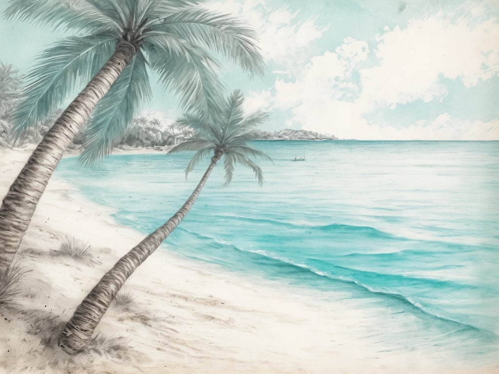 Auf dem Bild sind die schönsten Strände zu sehen, mit sanften Wellen, feinem, hellen Sand und Palmen, die sich leicht im Wind wiegen. Das Wasser hat eine wunderschöne, türkisfarbene Nuance und im Hintergrund sind sanfte Hügel und vielleicht ein paar kleine Boote zu erkennen. Der Himmel ist hell und wolkenverhangen, was eine friedliche und entspannende Atmosphäre vermittelt.
