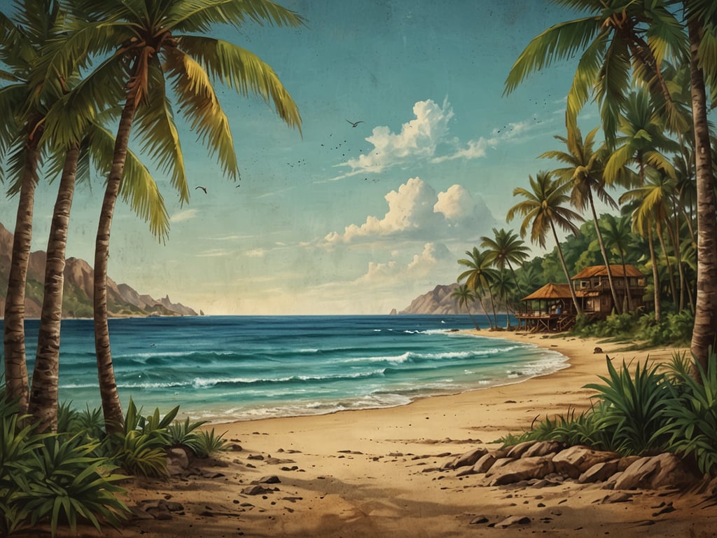 Auf dem Bild ist ein malerischer Strand mit Palmen zu sehen, der zu einem Traumurlaub einlädt. Das klare Wasser und die sanften Wellen schaffen eine entspannende Atmosphäre. Im Hintergrund sind Berge und eine Strandhütte, was die Urlaubsstimmung perfekt abrundet. Es wirkt, als wäre es ein idealer Ort, um die Sorgen des Alltags hinter sich zu lassen und die Natur zu genießen.